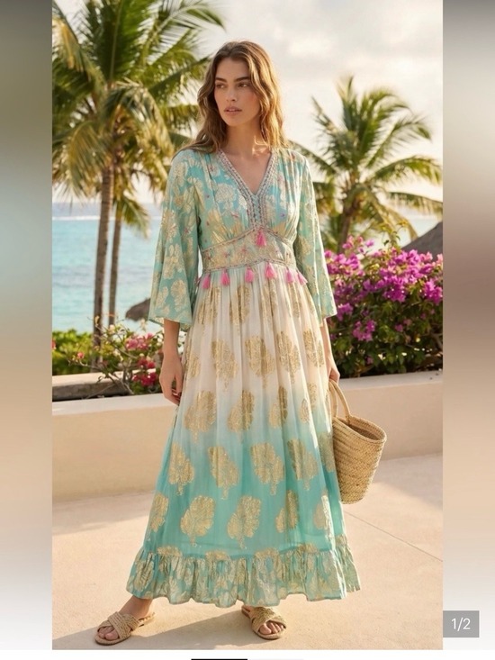 Dresses & Skirts - #0180 Turquoise & Cream Maxi Dress with Gold Motif - NWT
Made in France